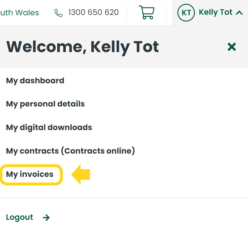 myHIA navigation showing my invoices